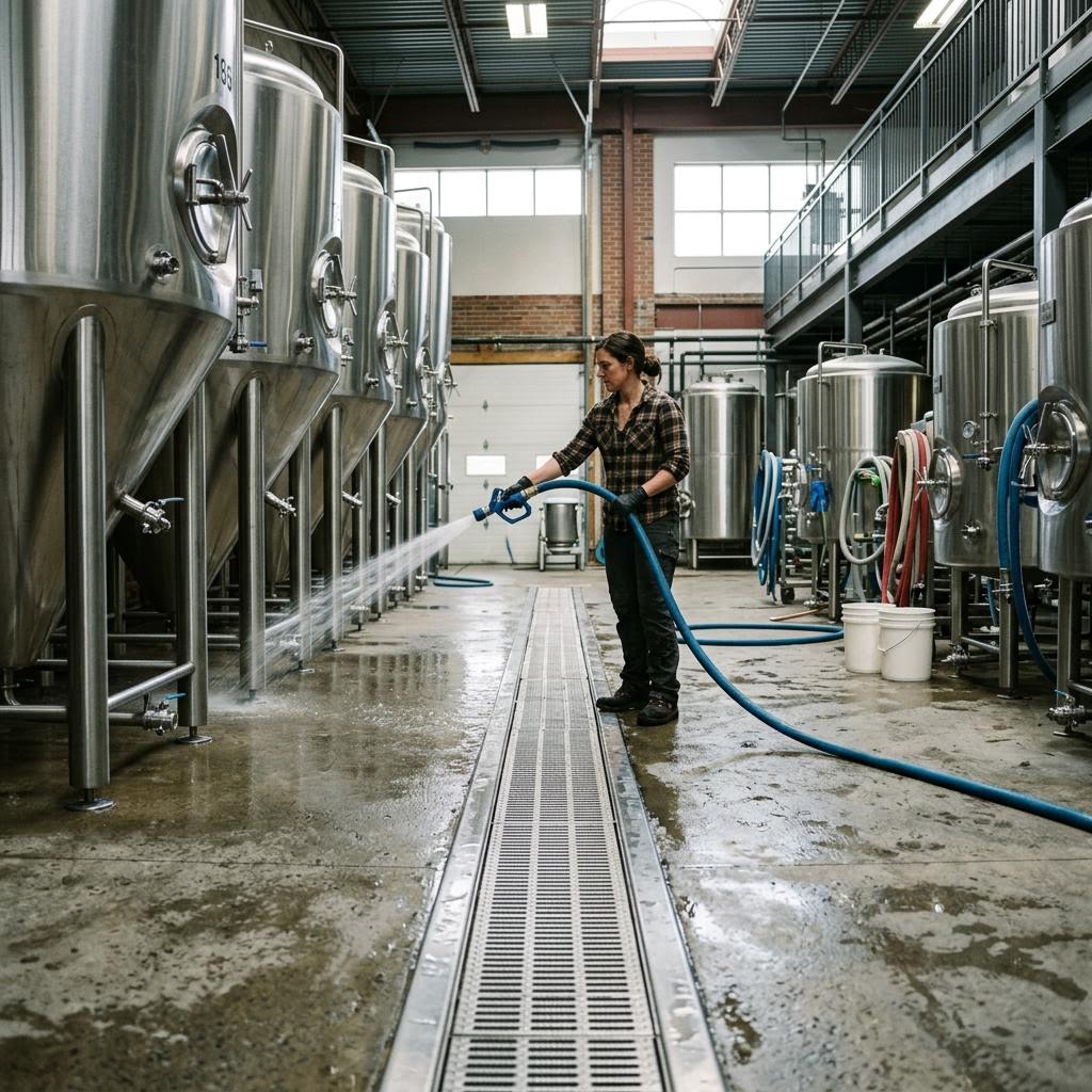 Stainless linear floor drain channel beside brewery tanks and washdown equipment in Calgary