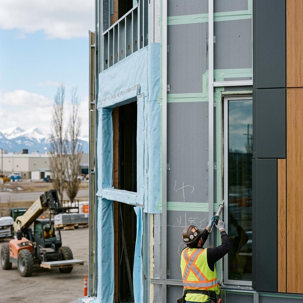 Calgary commercial wall assembly showing continuous insulation, membranes and cladding transitions
