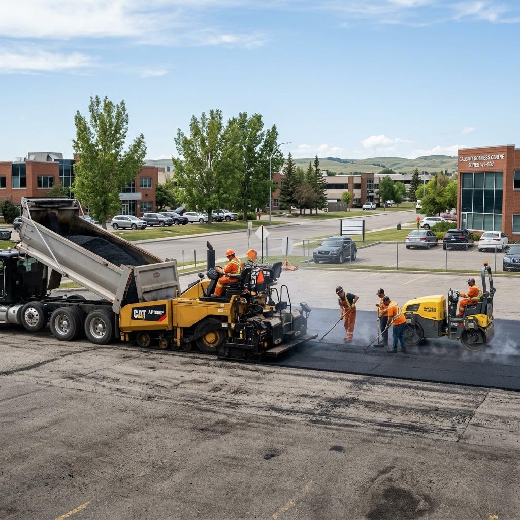 Commercial Calgary parking lot receiving a fresh asphalt paving lift beside a construction crew