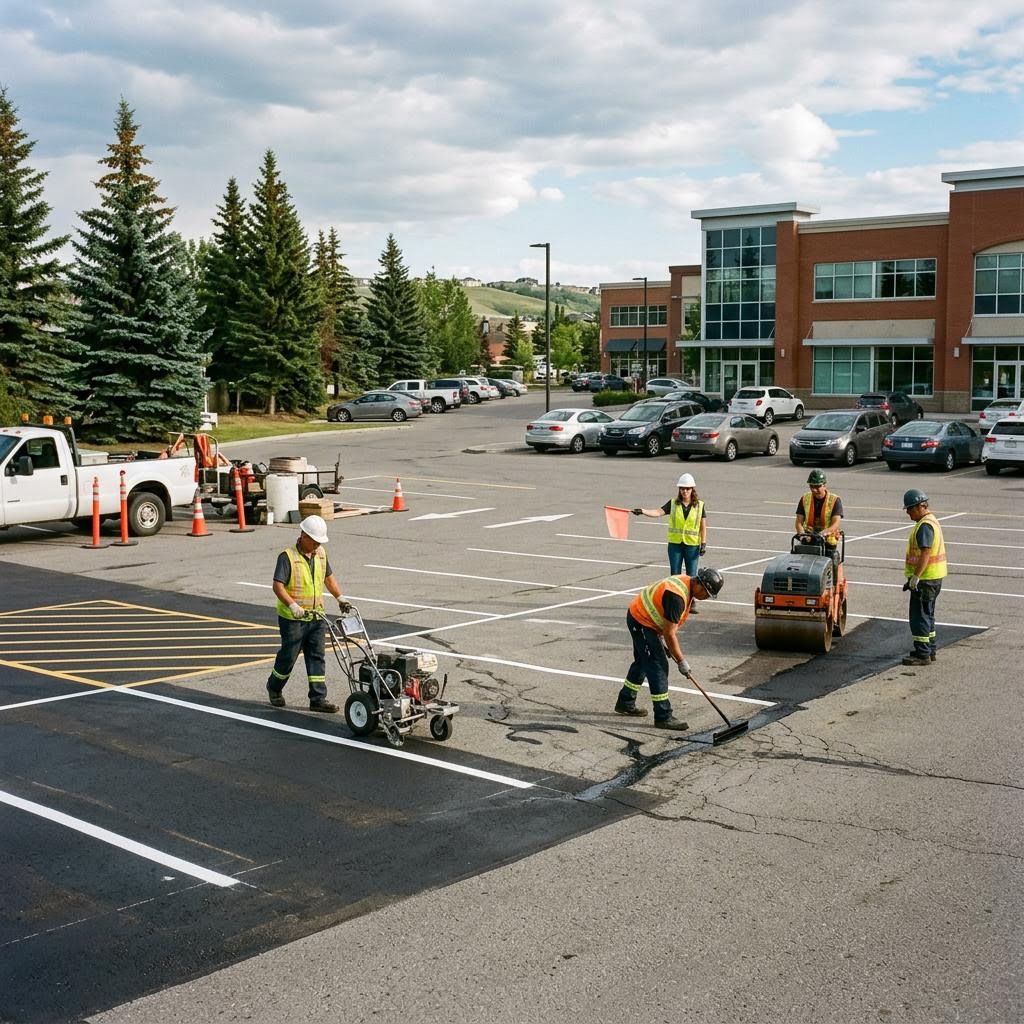 Calgary commercial parking lot with fresh line markings, asphalt repairs and a property maintenance crew