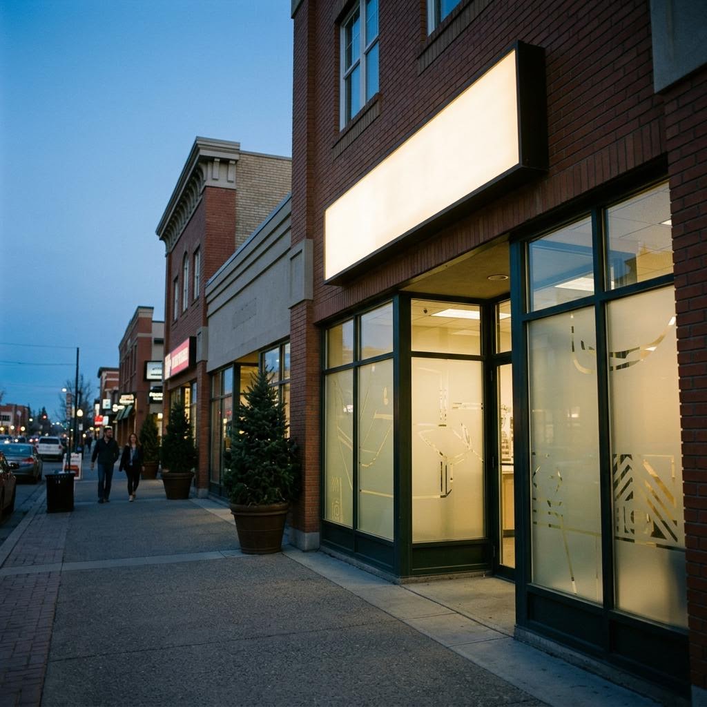 Illuminated storefront sign and window graphics outside a Calgary business location at dusk