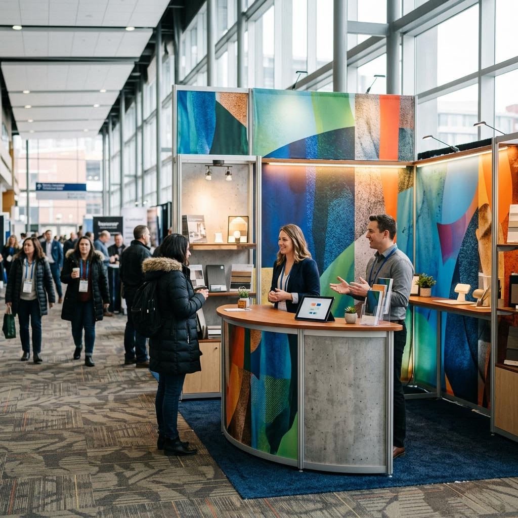 Modular trade-show booth with branded graphics, counter and display lighting at a Calgary event venue