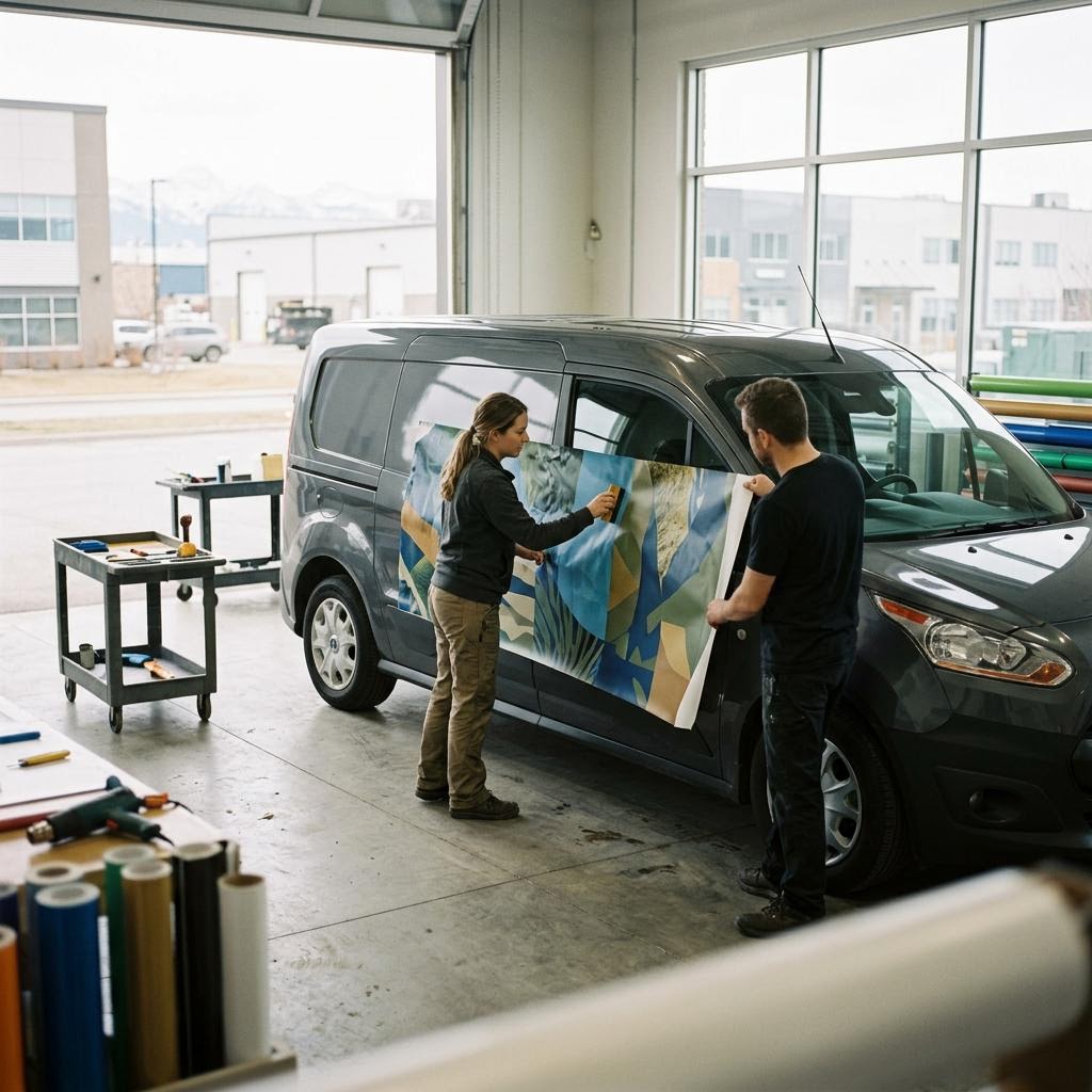 Branded Calgary service van receiving a partial vehicle wrap in a clean graphics workshop