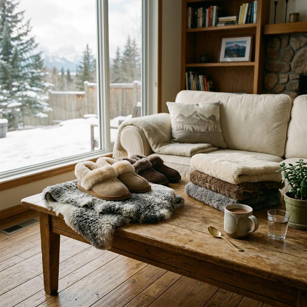 Canadian sheepskin slippers and folded sheepskin rug samples arranged in a Calgary home