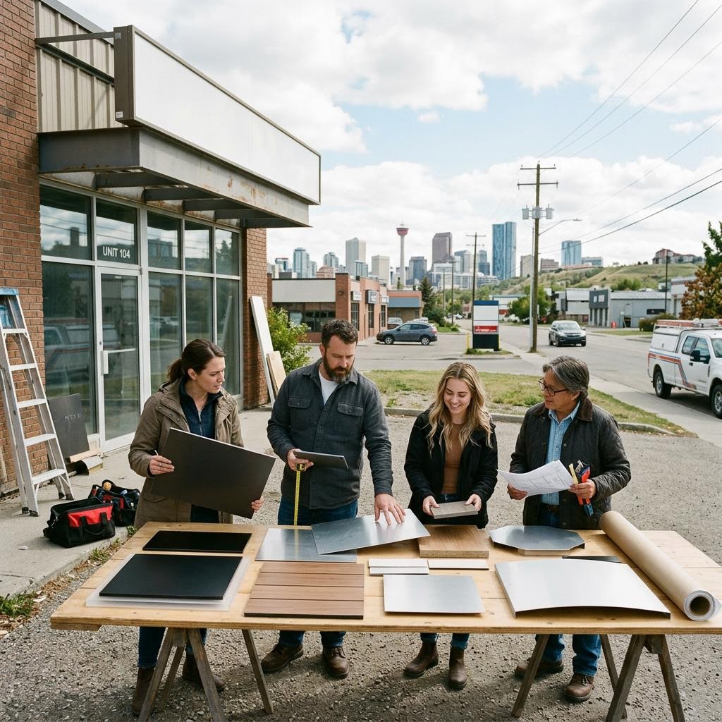 Multi-location business storefront signs being reviewed for a Calgary-led brand rollout