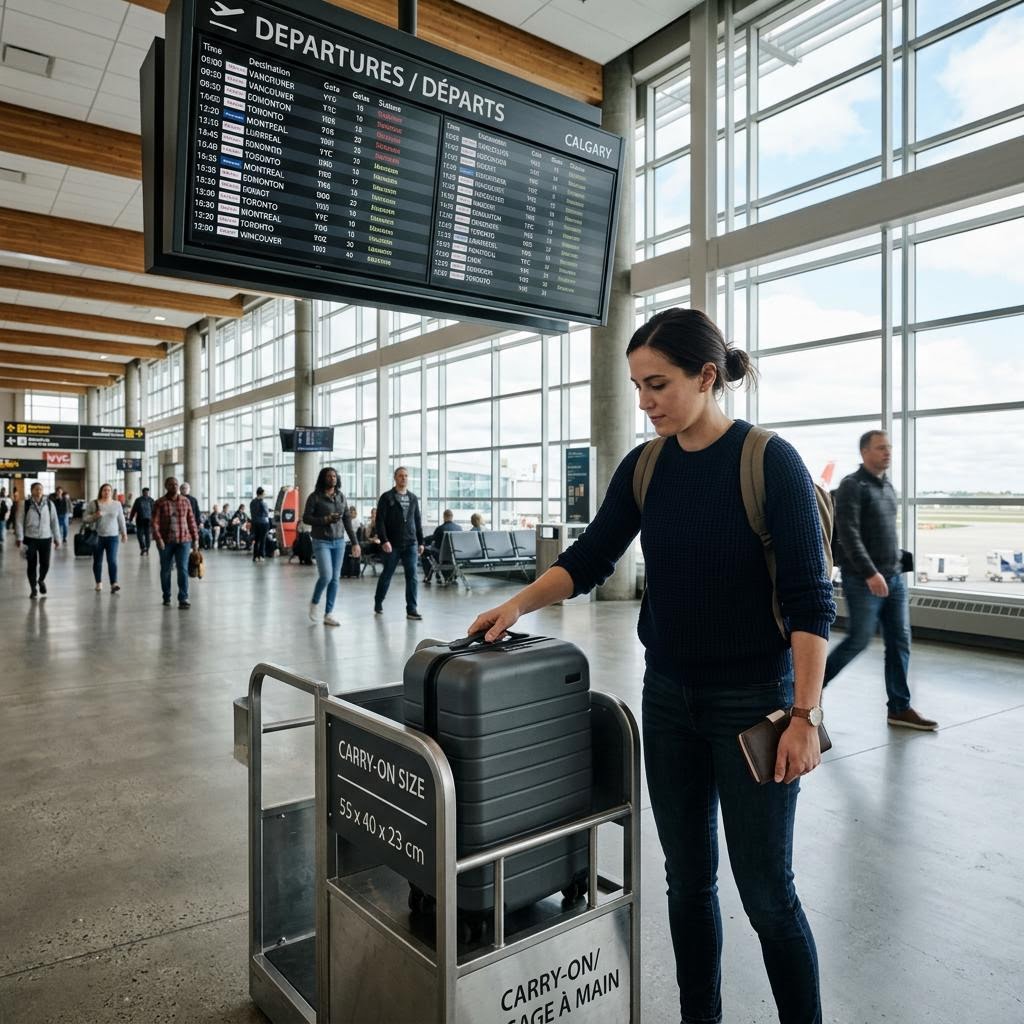 Carry-on suitcase beside a Calgary airport departure board with a traveller checking its dimensions