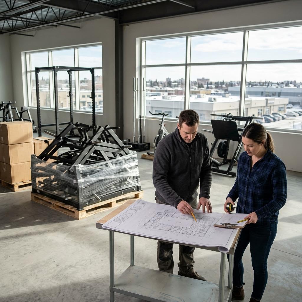 Commercial gym equipment layout being planned in a Calgary fitness facility