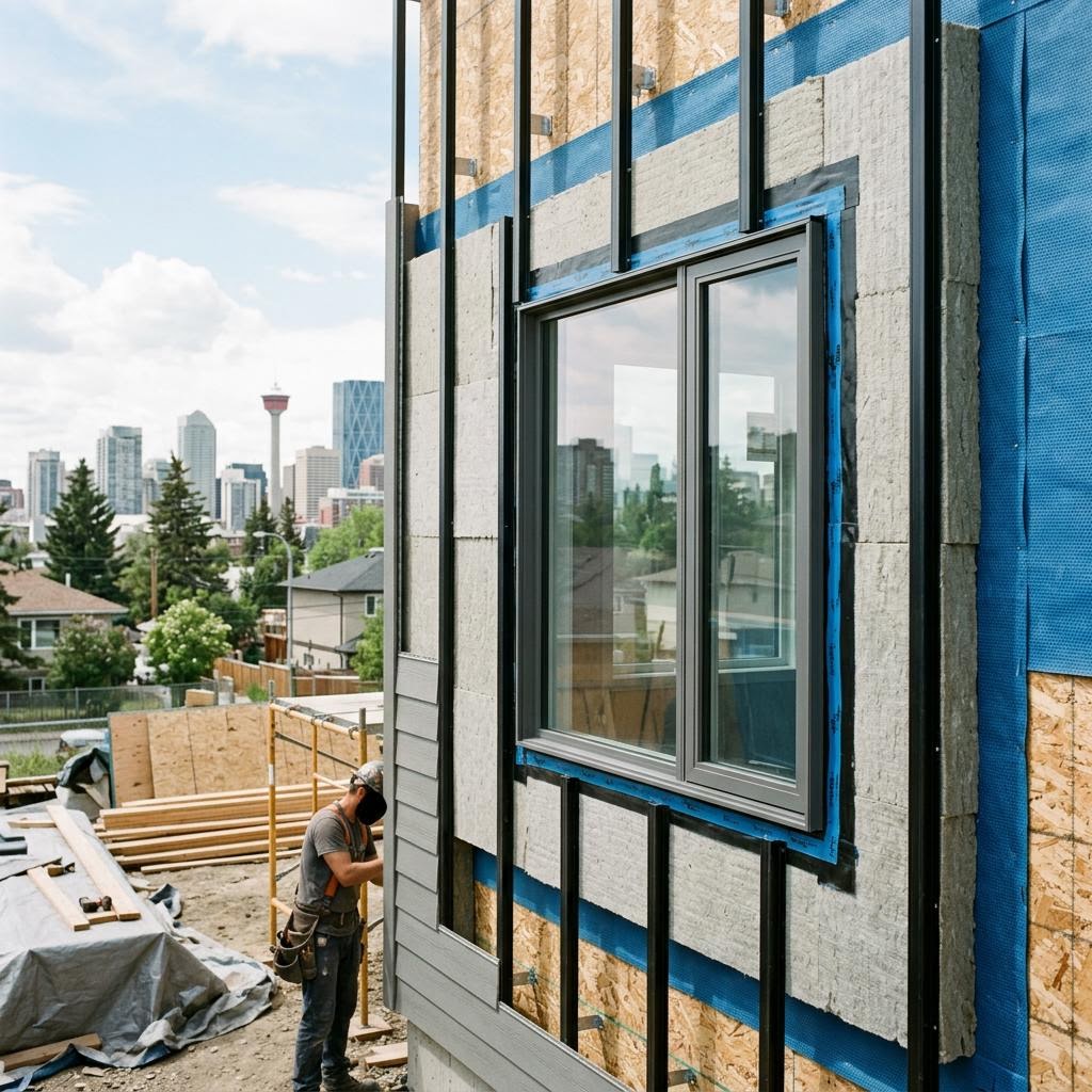 Calgary building wall section showing continuous insulation around windows and cladding supports