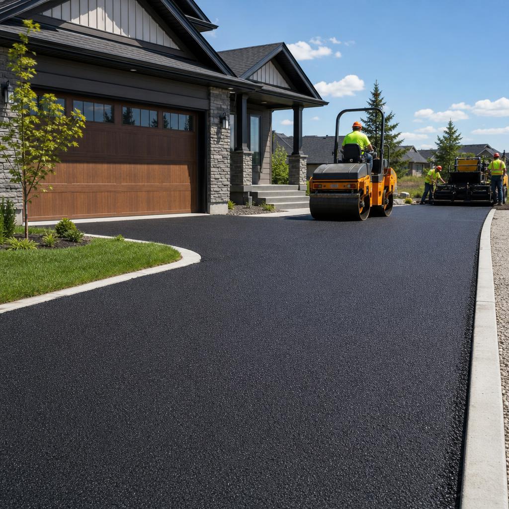 Freshly paved asphalt driveway beside a Calgary home