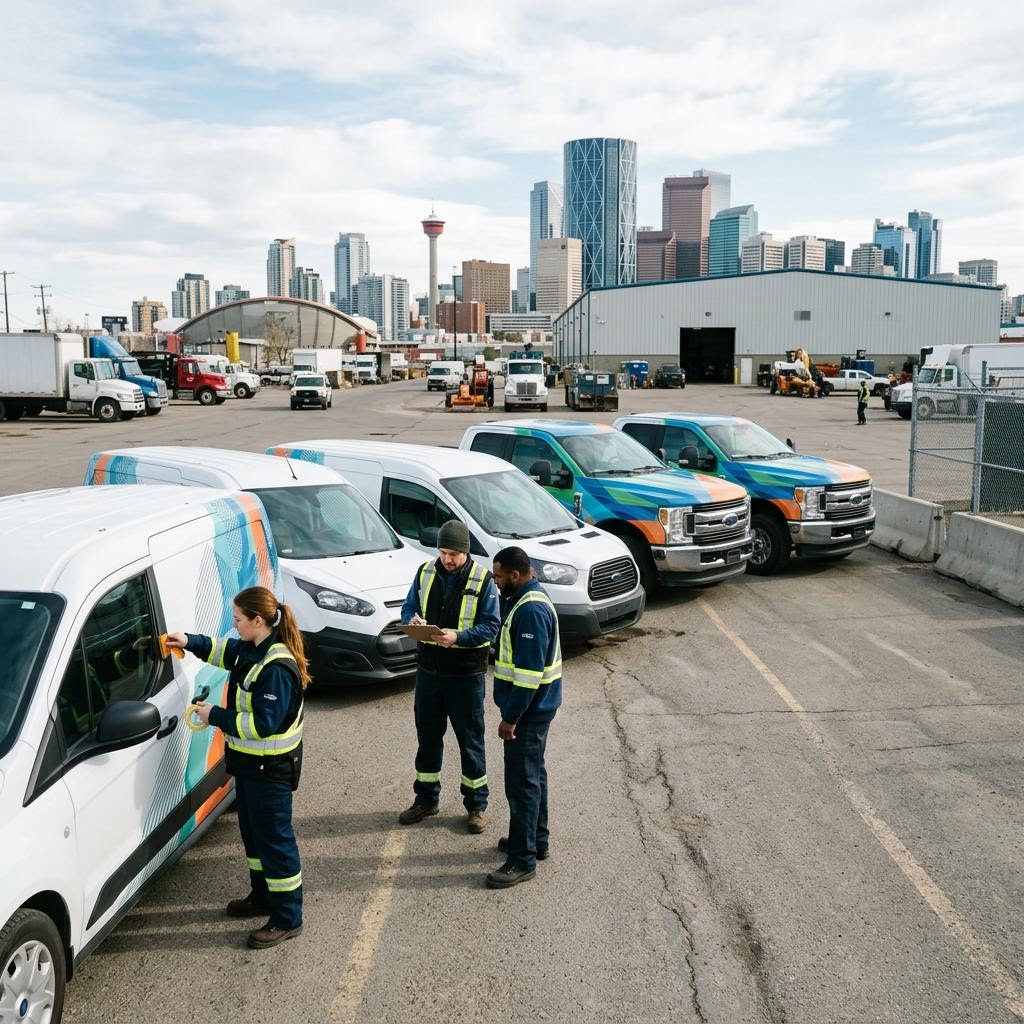 Calgary business fleet with coordinated vehicle graphics being checked before a Canadian rollout