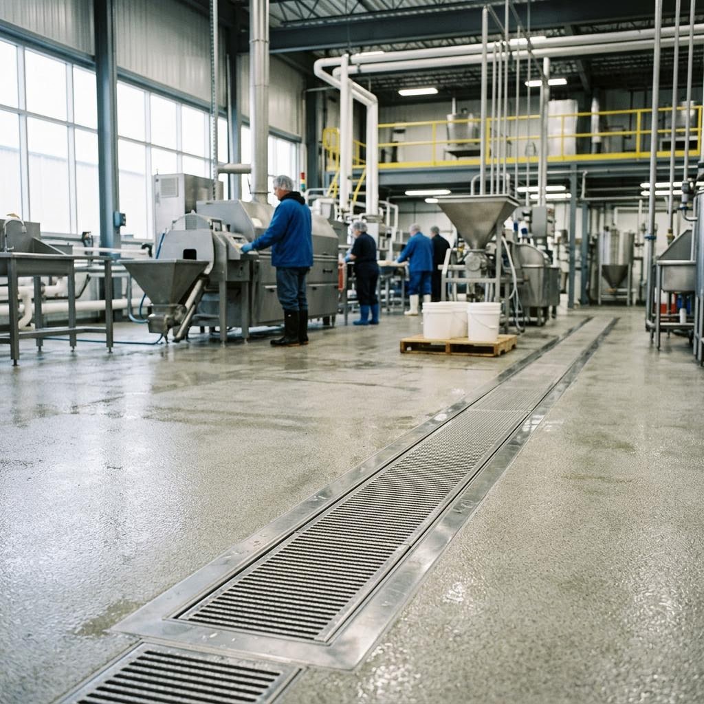 Stainless hygienic floor drainage channel in a Calgary food-processing facility