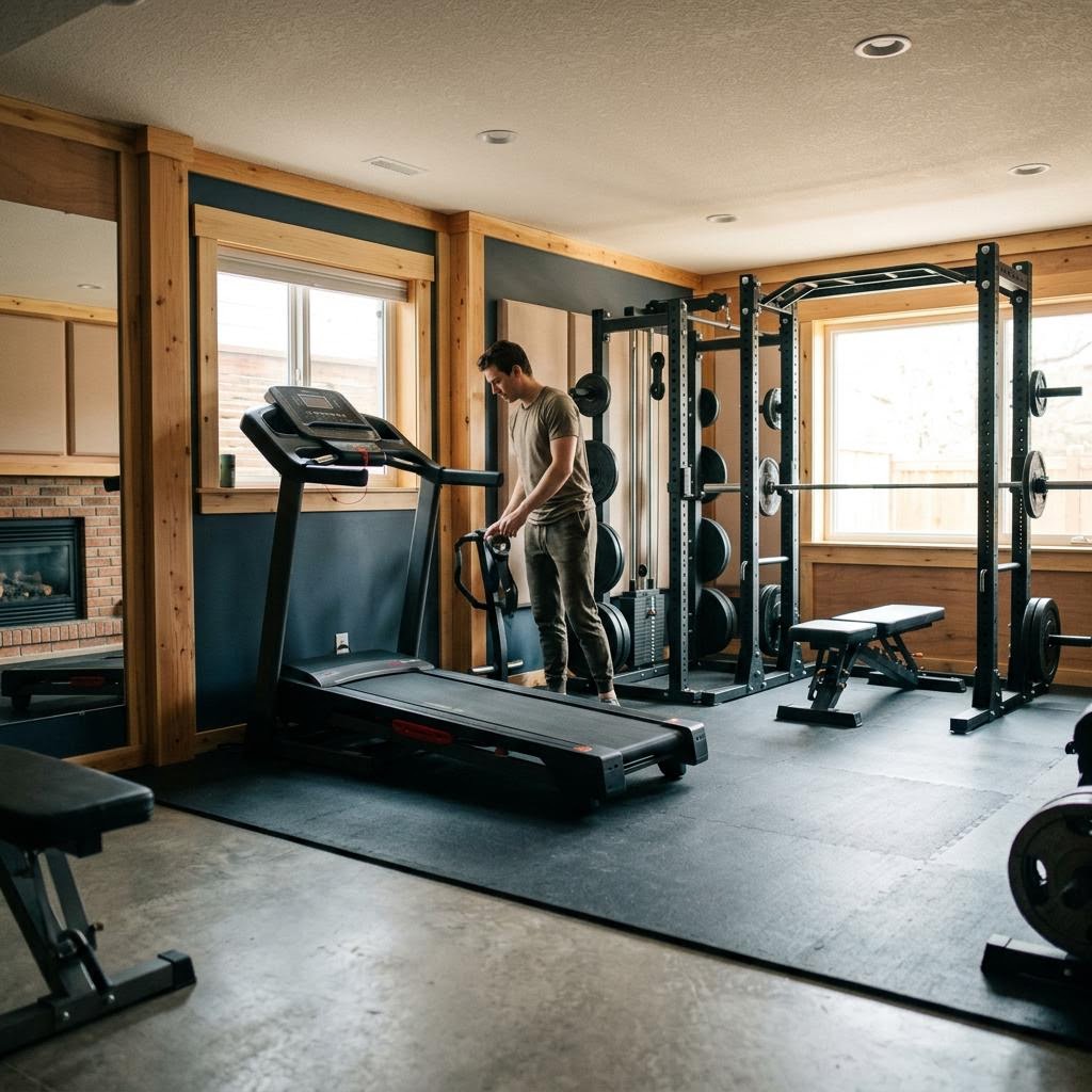 Calgary basement home gym with measured clearances around a treadmill and strength rack