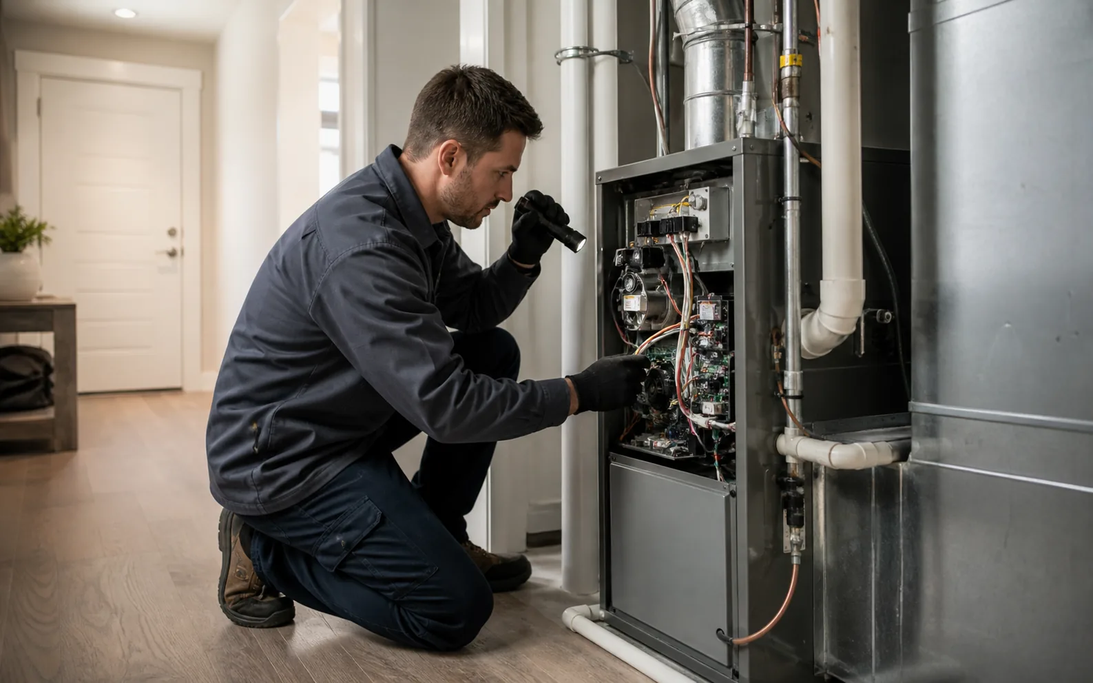 HVAC technician inspecting a residential forced-air furnace