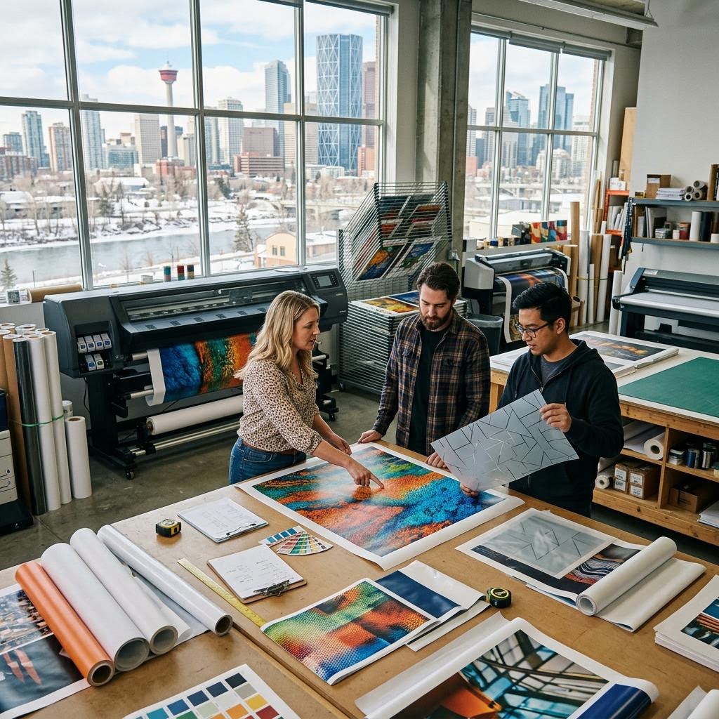 Large-format wall graphic and window film samples being reviewed in a Calgary print studio