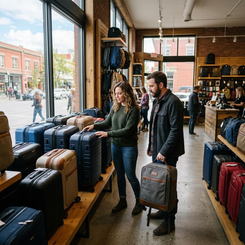Suitcases and travel bags being compared in a Calgary luggage store