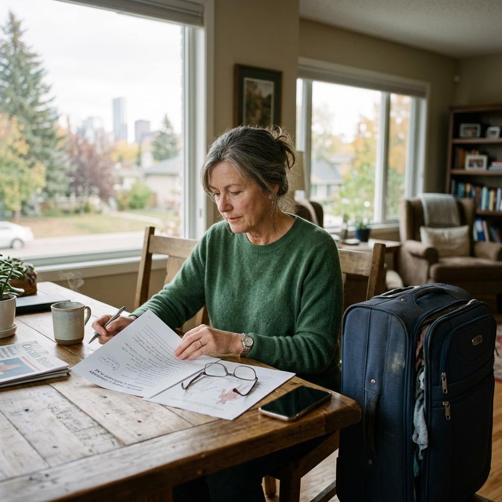 Calgary traveller reviewing a medical travel itinerary and recovery plan beside a suitcase