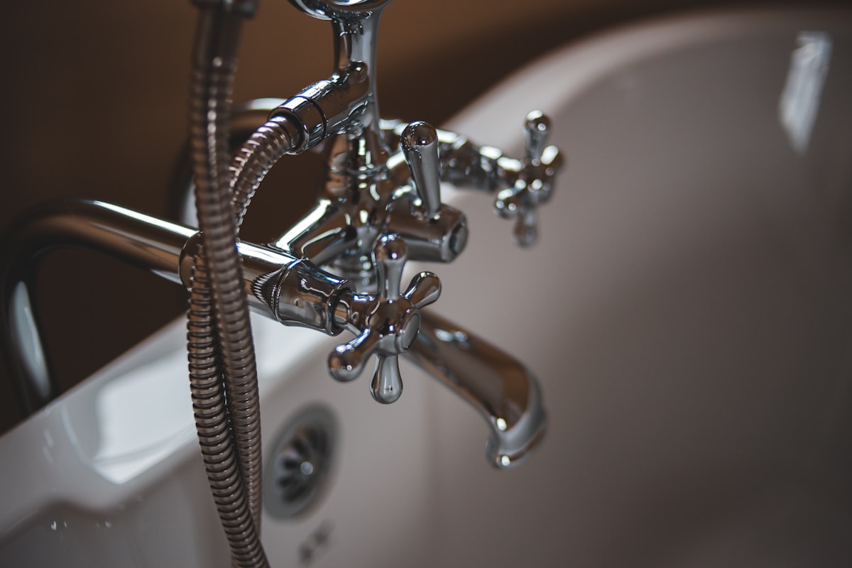 Chrome bathtub taps and shower hose above a white tub