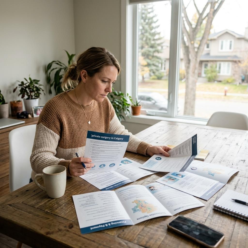 Calgary patient comparing private surgery providers, treatment locations and payment questions