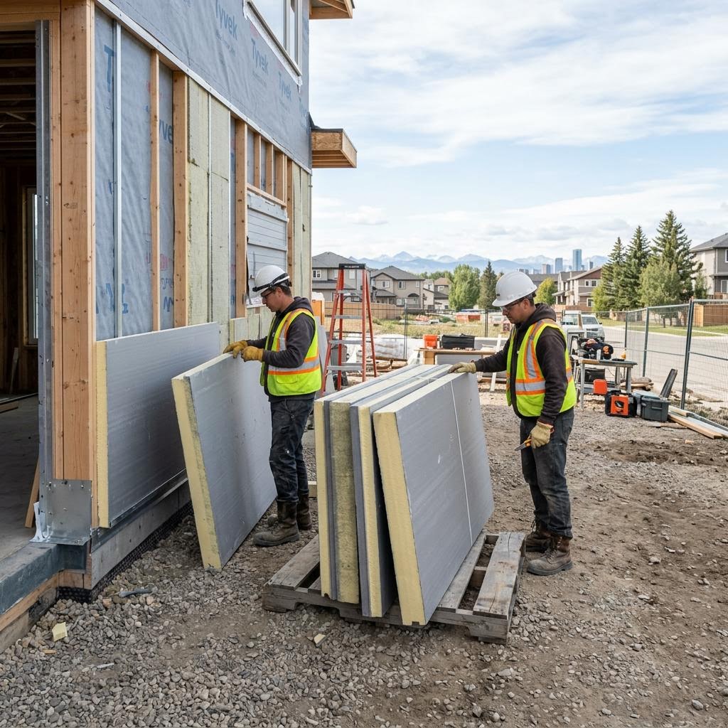 Rigid insulation boards staged beside a Calgary building-envelope wall section