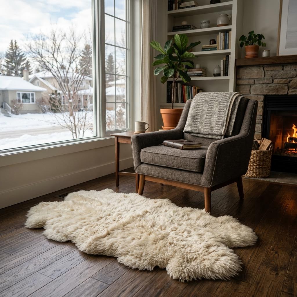 Natural sheepskin rug styled beside a Calgary living-room chair in winter light