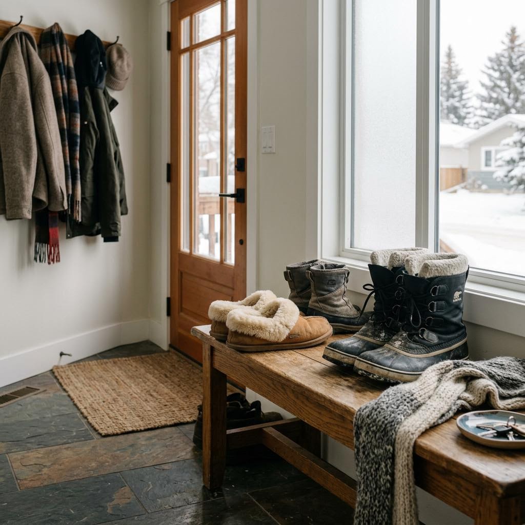 Pair of lined sheepskin slippers on a Calgary home entry bench beside winter footwear