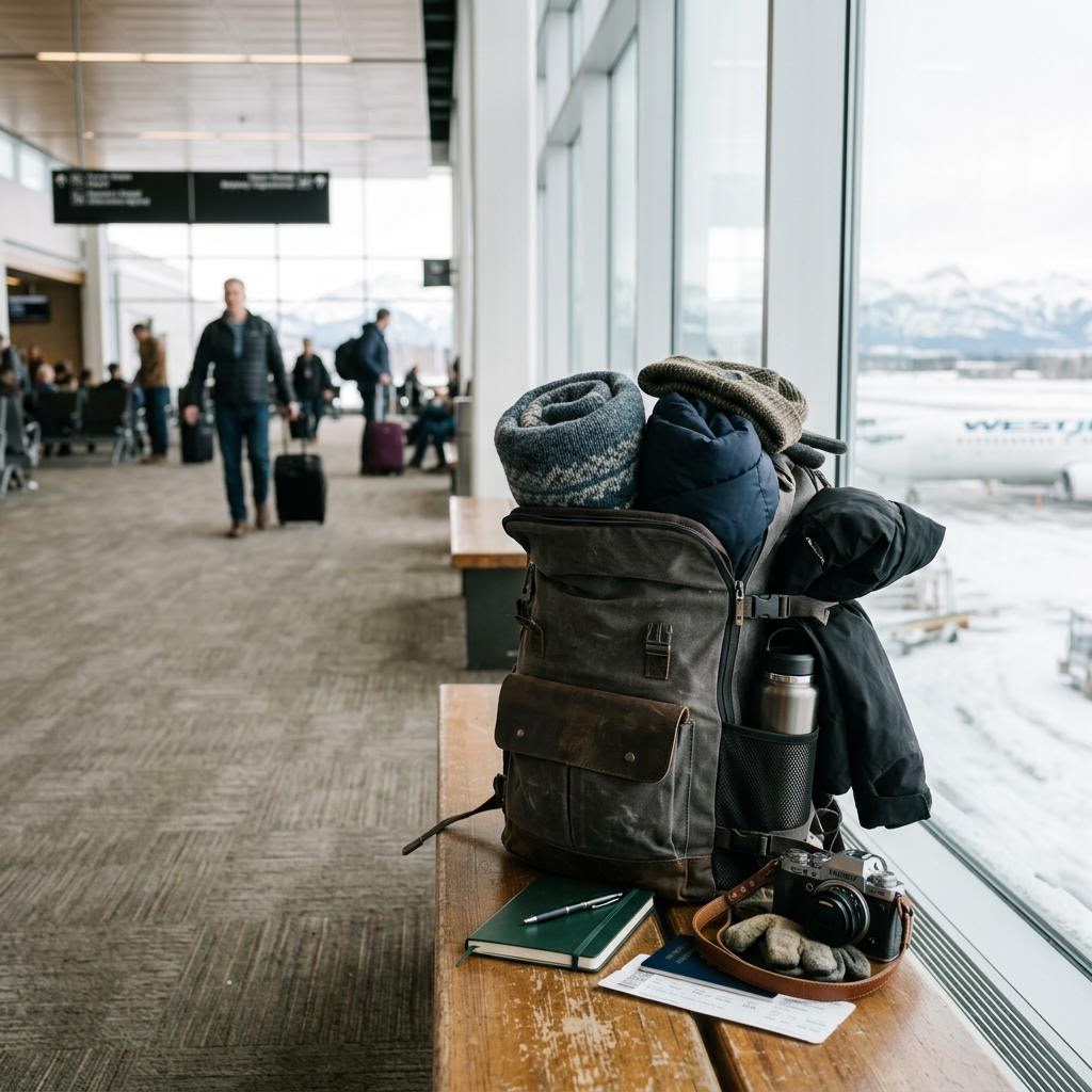 Travel backpack packed for a Calgary departure with winter layers and airport essentials