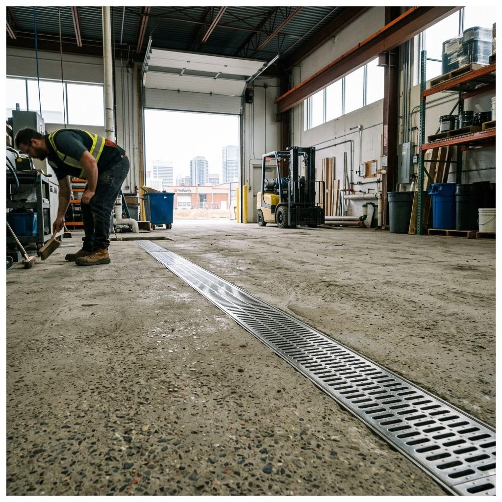 Stainless trench drain channel installed across a Calgary commercial concrete floor