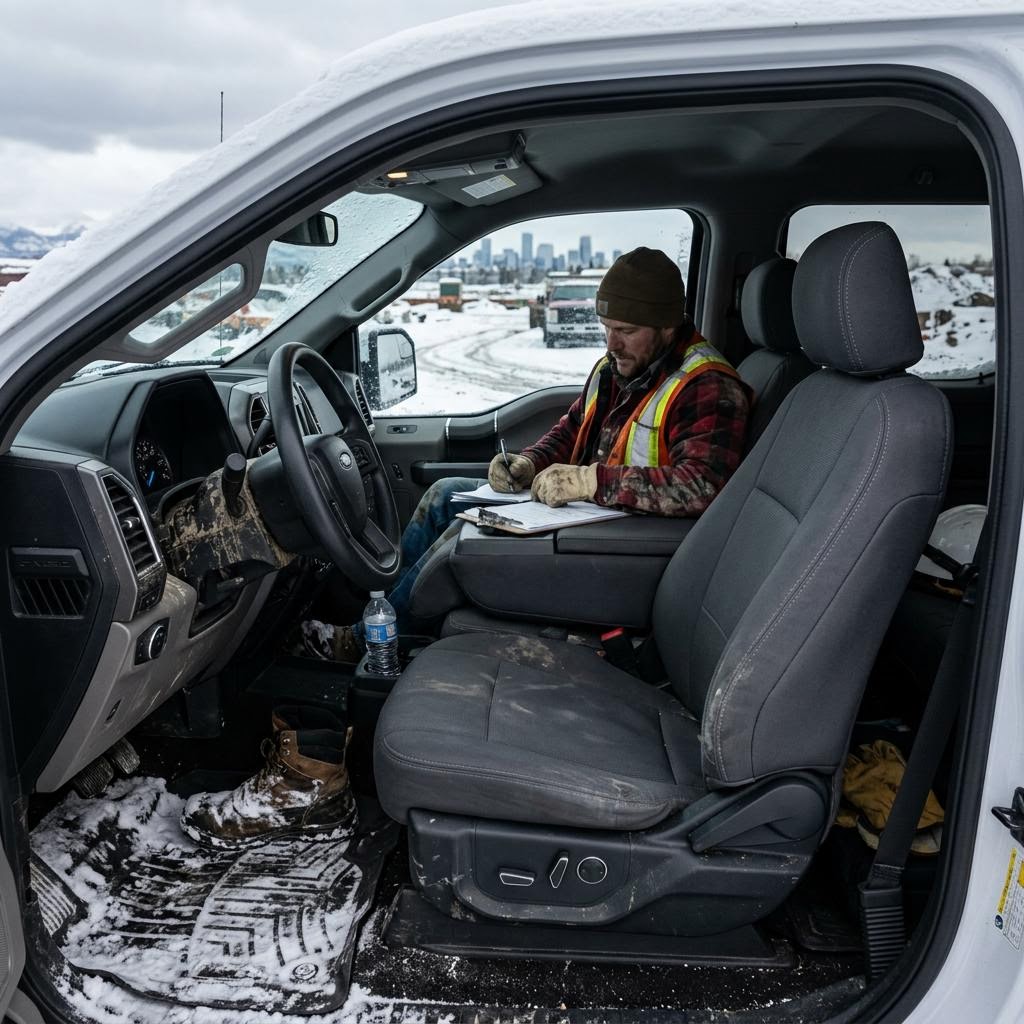 Custom-fit truck seat cover protecting a pickup interior during Calgary winter work