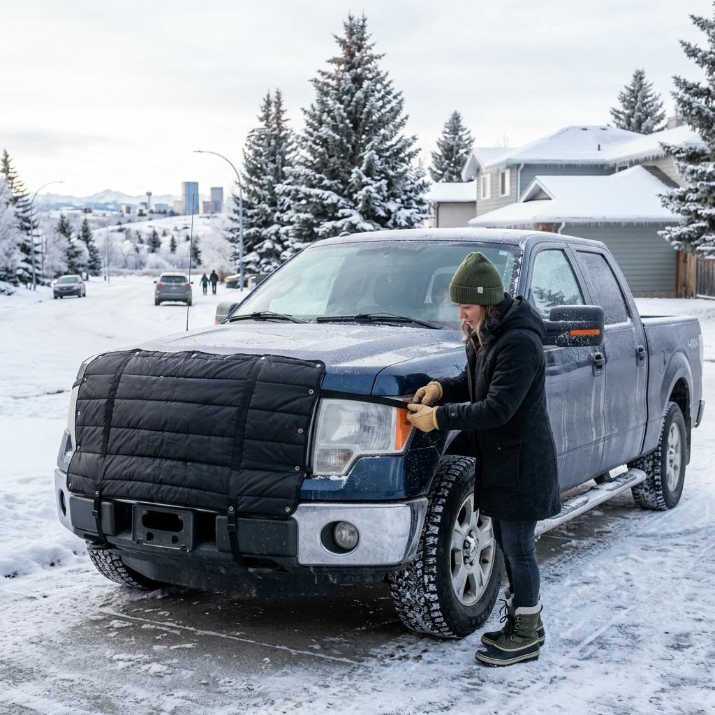 Pickup truck fitted with a winter grille cover during a cold Calgary morning inspection