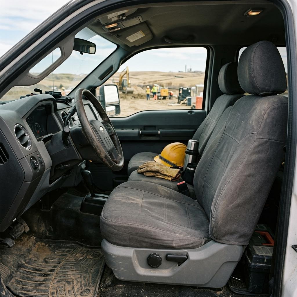 Work pickup truck interior with a fitted driver's seat cover ready for Calgary job-site use
